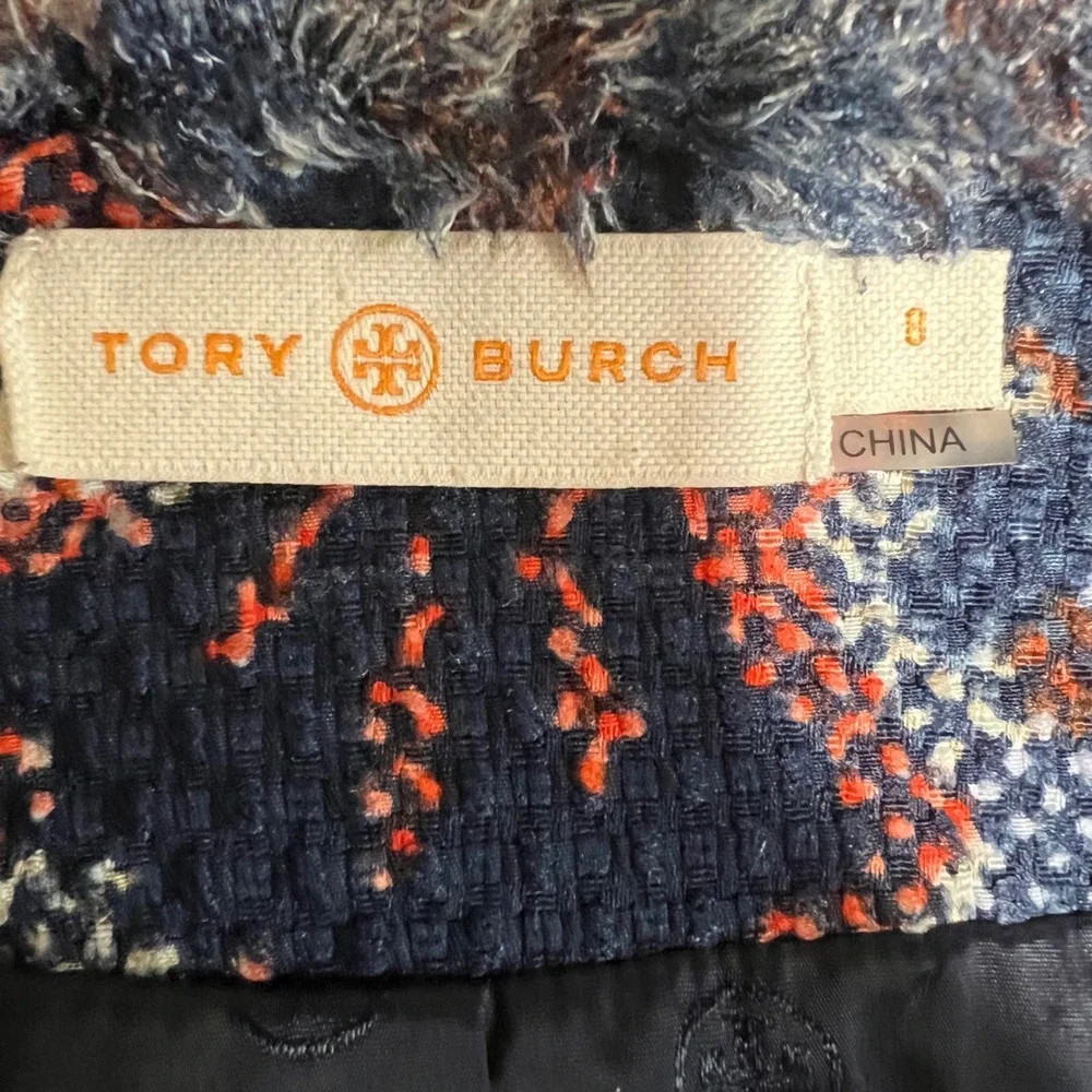 Tory Burch Tweed Boucle Jacket Blazer Womens 8 Blue Multicolor Fringe